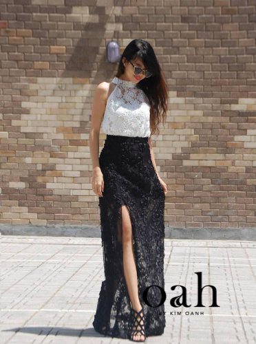 OTDH7  áo kiểu ren trắng phối với chân váy ren 3D màu đen sang chảnh