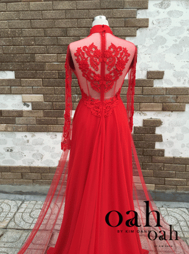 OTDC1 (áo dài cưới, tà áo bằng lưới, kết ren, hoa 3d)